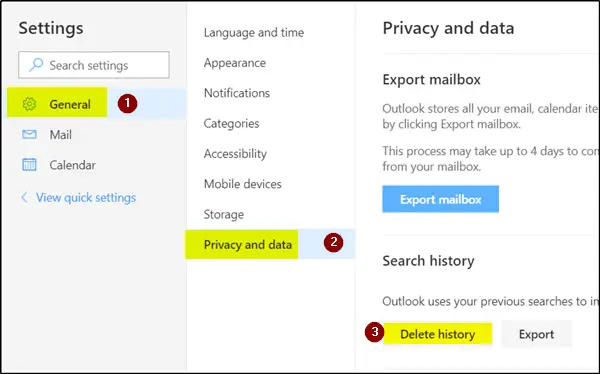 delete search history from Outlook