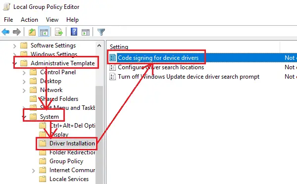 Disable driver signing through the group policy editor