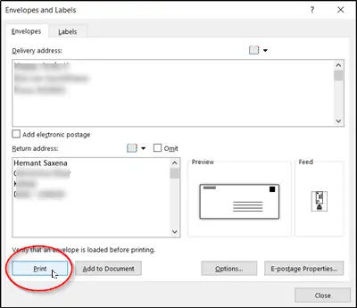 Envelope Print Options
