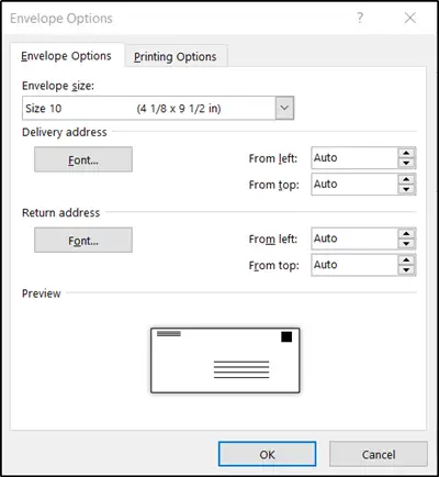 Envelope Size Options