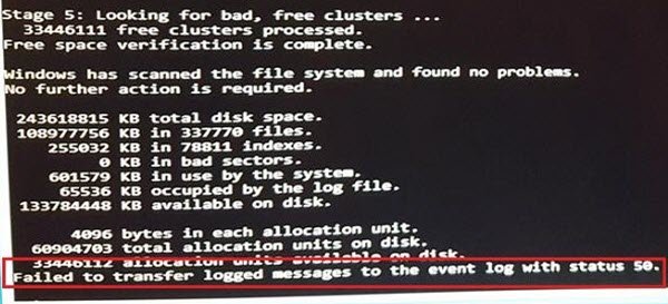 Failed to transfer logged messages to the log event with status 50