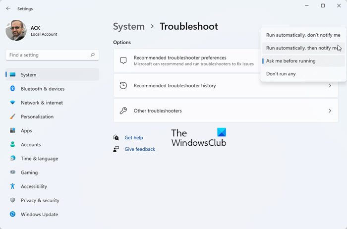 Make Windows 11 run Troubleshooters automatically