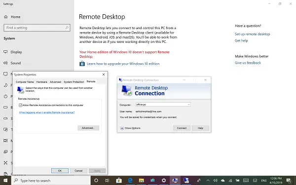 Desktop remoto do Windows 10 no Windows Home