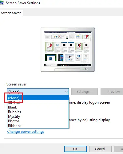 Select screensaver to none in Windows