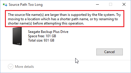 The source file name(s) are larger than is supported by the file system