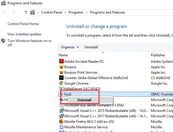 Uninstall a program from Windows 10