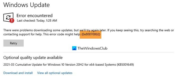 Fix Windows Update error code 0x80070002 - 78