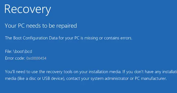 0xc0000454, The boot configuration data for your PC is missing or contains errors