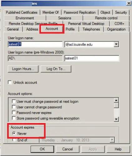 Account expire never on Domain