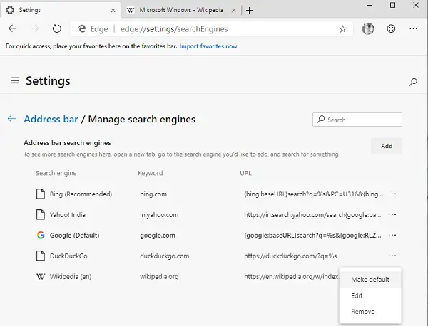 Add new search engine in Microsoft Edge Chromium