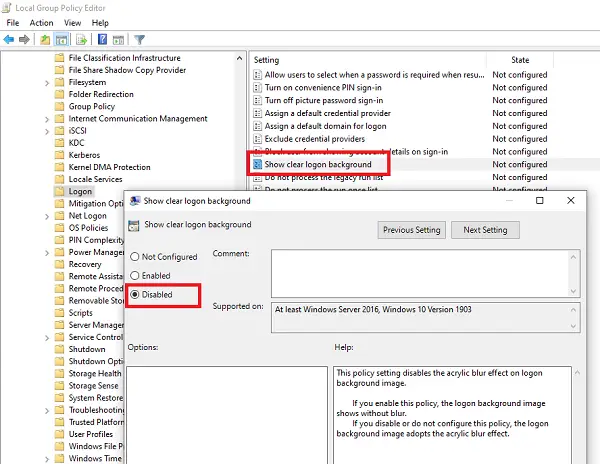 Disable Blurred Background using Group Policy