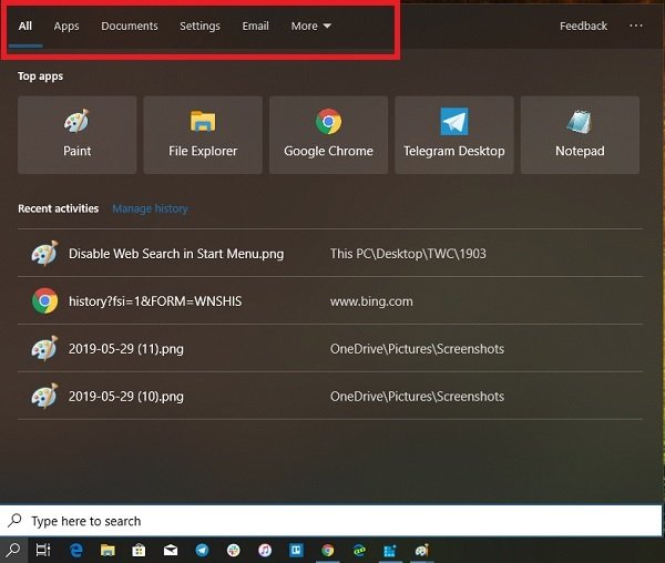 Disable Web Search in Windows 10
