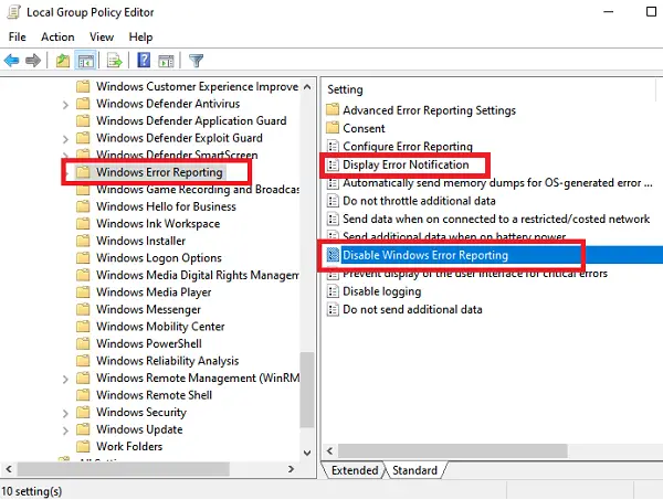 Disable Windows Error Reporting Windows 10
