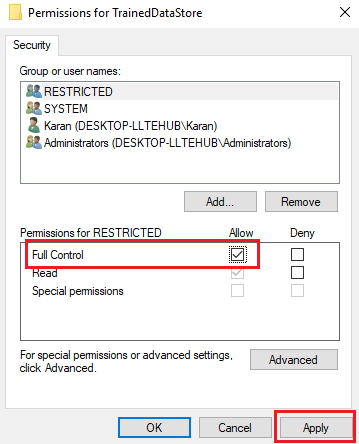 Edit permissions for Trained Data Store