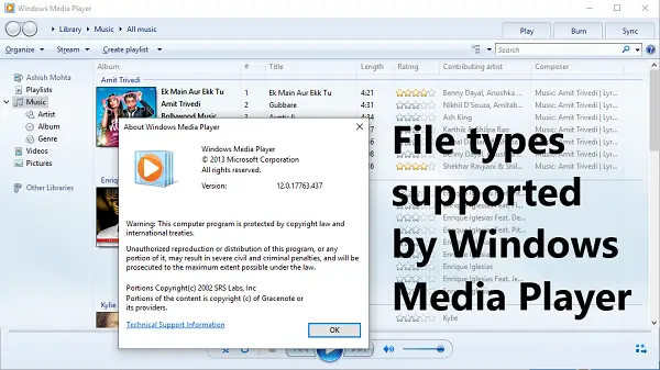 windows media player file types supported