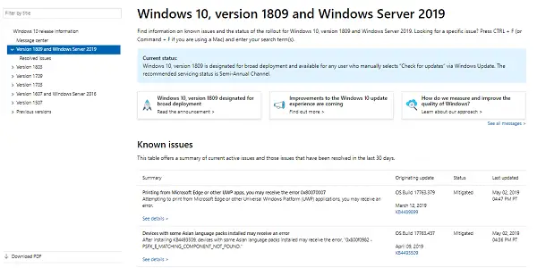 List of Windows 10 Server versions Resolved fixed issues