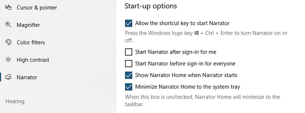 Narrator Startup Options
