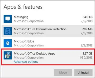 Uninstall individual Office 365 apps