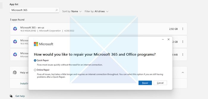 Repair Microsoft Office 365