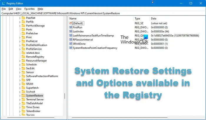 System Restore Settings and Options available in the Registry