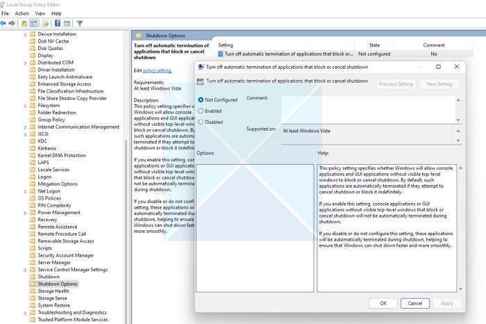 Turn off automatic termination of applications GPedit