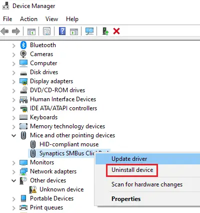 Uninstall/Reinstall pointing device driver