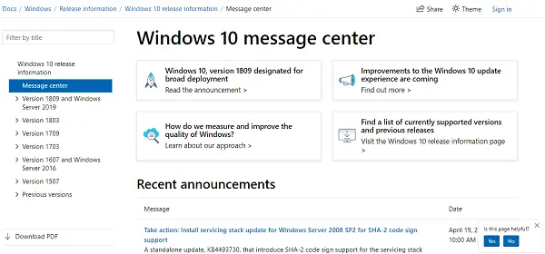 Windows 10 Message Center