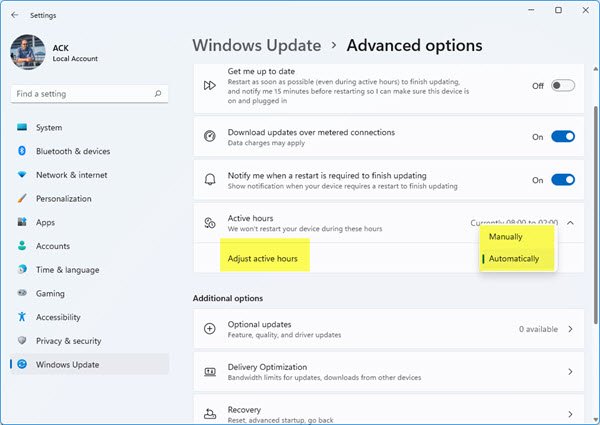 Automatically adjust Active Hours in Windows 11