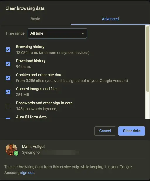 Google Chrome won t clear Browsing History and Data - 64