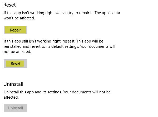 reset repair office 365 apps