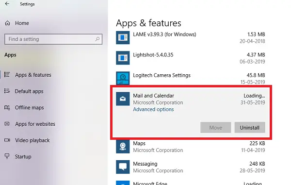 uninstall Mail App in Windows 10 via Settings