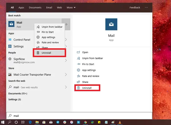 uninstall Mail App Start Menu in Windows 10