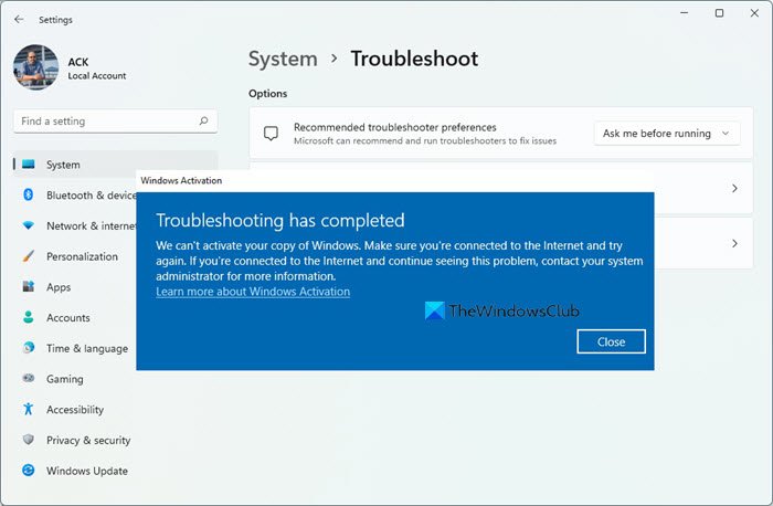 Activation troubleshooter windows 11