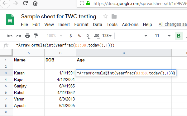 How to calculate Age in Google Sheets from Date of Birth with formulas