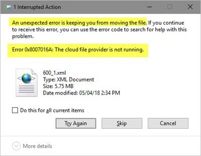 When intentionally copying files to the OneDrive directory An unexpected fault is keeping you lot from copying the file