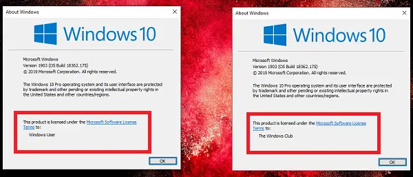 Windows 10'da Kayıtlı Sahip ve Kuruluş bilgilerini değiştirin
