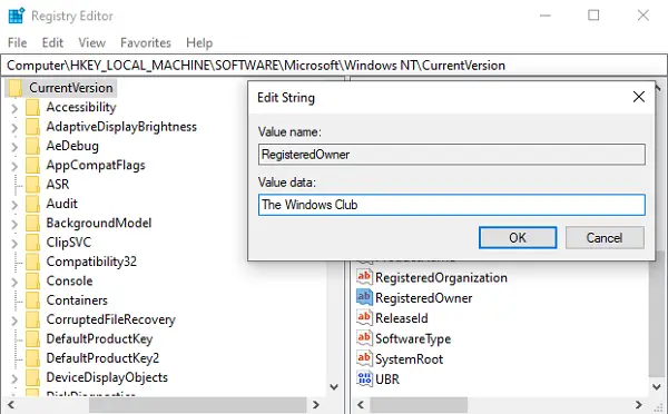 Change Registered Owner in Windows 10
