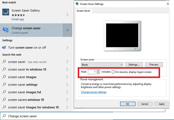 Change Screensaver timeout settings Windows 10