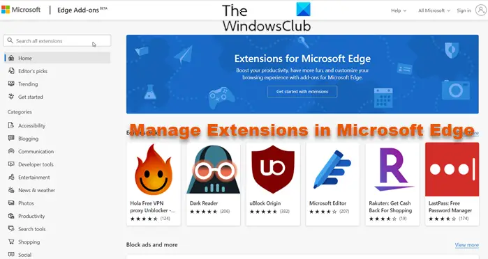 Manage Extensions in Microsoft Edge