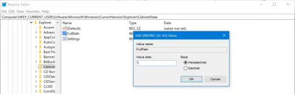 Registry method to display full path in File Explorer