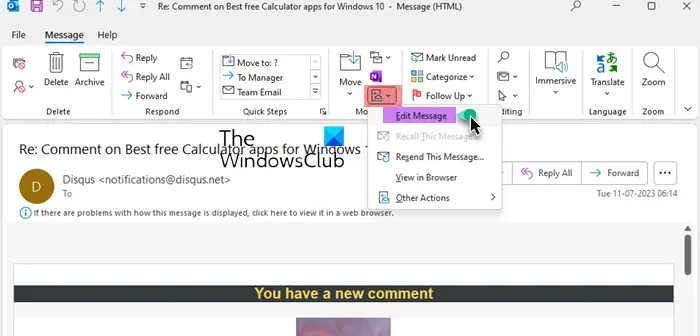 How to edit a Received email in Outlook