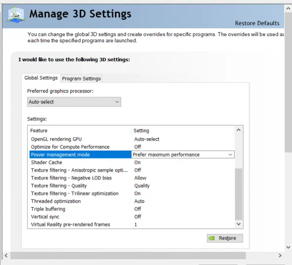 nvidia control panel settings