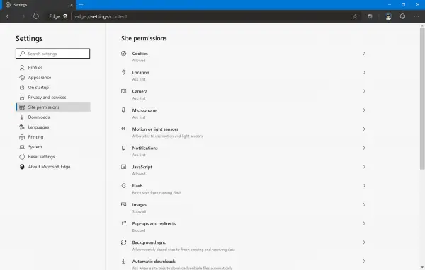 Manage Site permissions on new Microsoft Edge