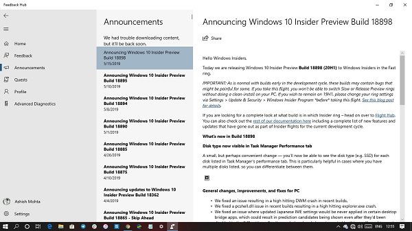 Microsoft Feedback Hub Announcements