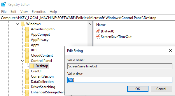 ScreenSaver Time out via Registry
