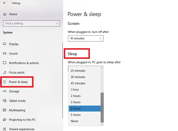How to change Sleep settings on Windows 10