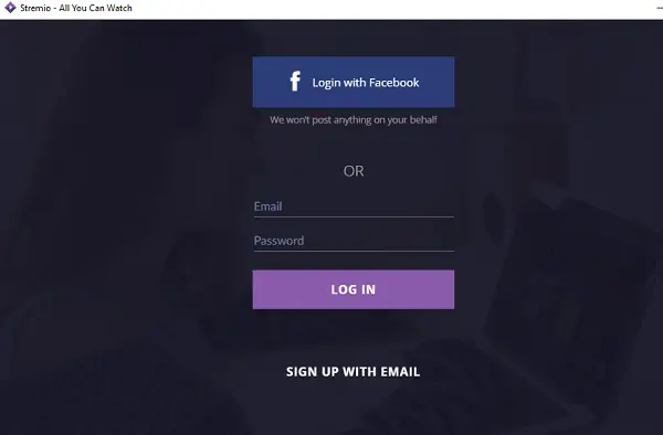 Stremio log in page