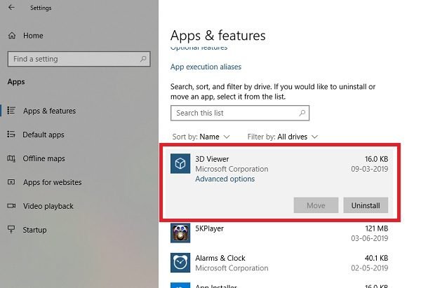uninstall 3D Viewer App in Windows 10 from Settings