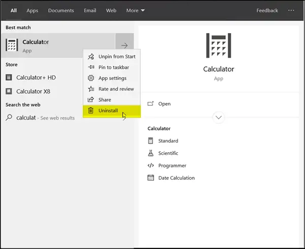 How to uninstall Calculator App on Windows 10