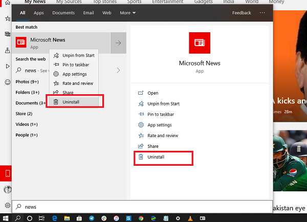 Uninstall Microsoft News App via Start